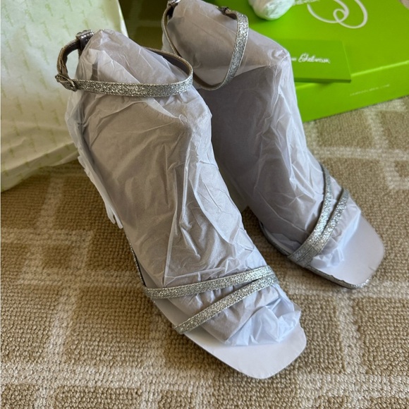 NIB Sam Edelman Kitten Heel Sandals Silver Glitter Ankle Strap Holiday Shoes 9.5 - Picture 8 of 12